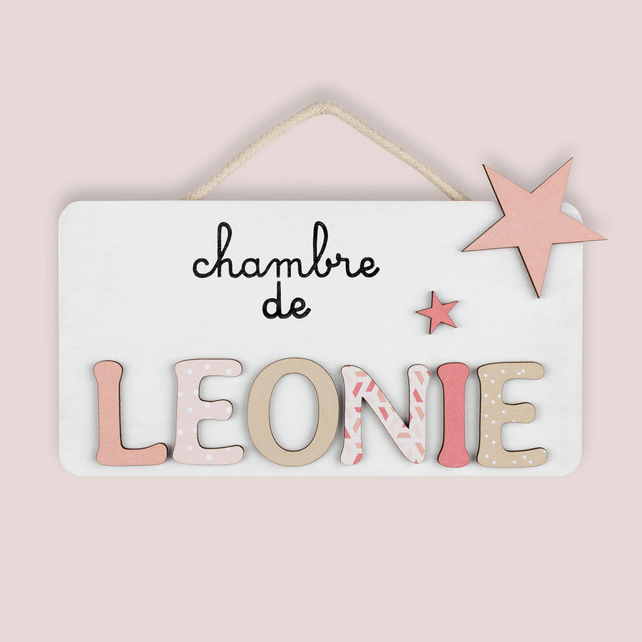 Plaque de porte prénom fille étoiles corail