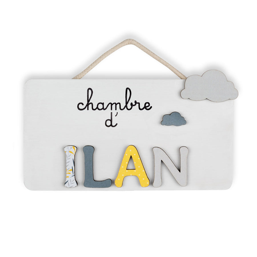 Plaque de porte personnalisable prénom enfant jaune et gris