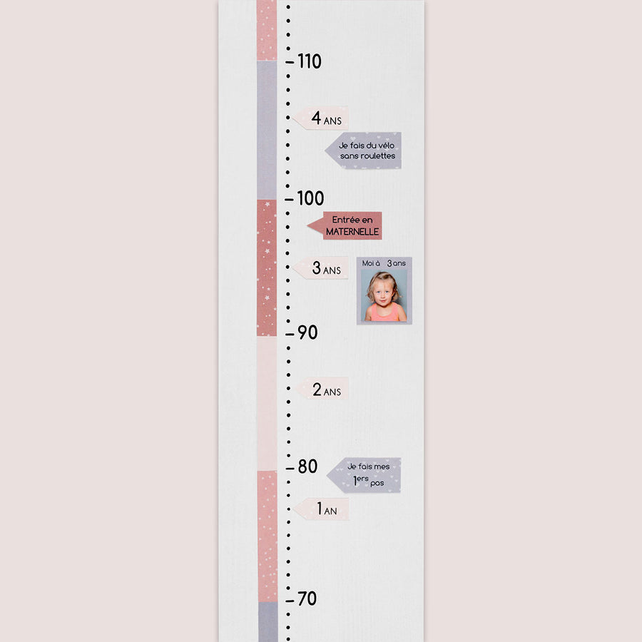 Etiquettes autocollantes collées sur toise personnalisée prénom enfant rose poudré